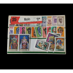 H E Harris & Co Masks Set of 25 Genuine Postage Stamps All Different Sealed VTG